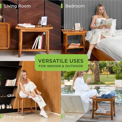 Premium 22" Teak Shower Bench with Handles, Waterproof Teak Shower Stool, Wooden Stool for Bathroom, Teak Wood Shower Bench Stool Seat Chair for Shower Storage Shelf, 300 Lbs Capacity