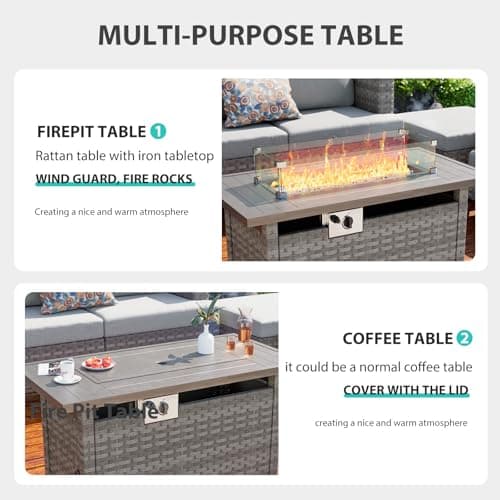 Fire Pit Table with Wind Guard for Outdoor, Auto-Ignition Propane Gas Firepits Rattan Rectangular Table for Outside Patio 60,000 BTU, Gray