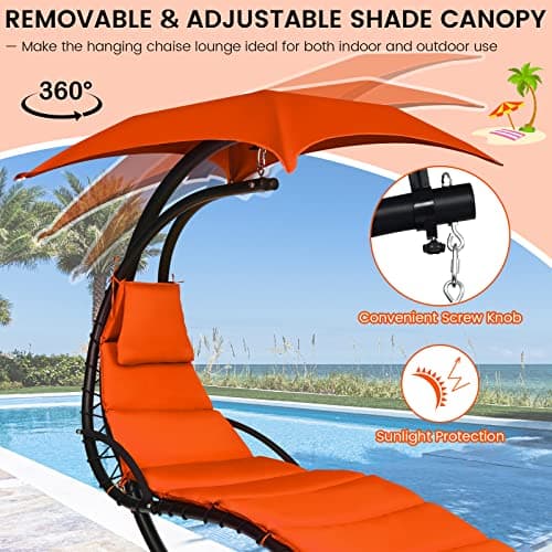 Tangkula Hanging Chaise Lounge, Arc Stand Floating Hammock Swing Chair w/ Canopy and Built-in Pillow, Curved Steel Patio Lounge Chair, Freestanding Hammock Chair with Stand for Patio Backyard Garden