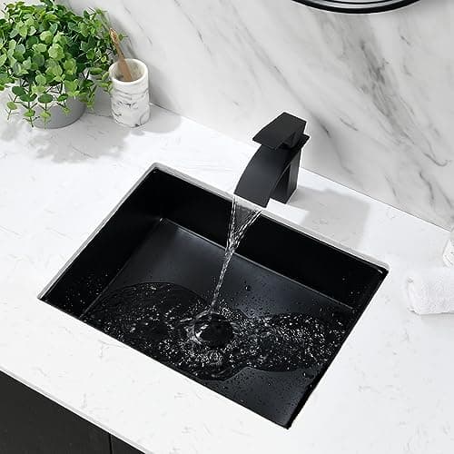 Undermount Bathroom Sink Rectangle, 20"x15" Black Bathroom Vessel Sink Porcelain Ceramic Modern Art Lavatory Vanity Under Counter Basin with Overflow