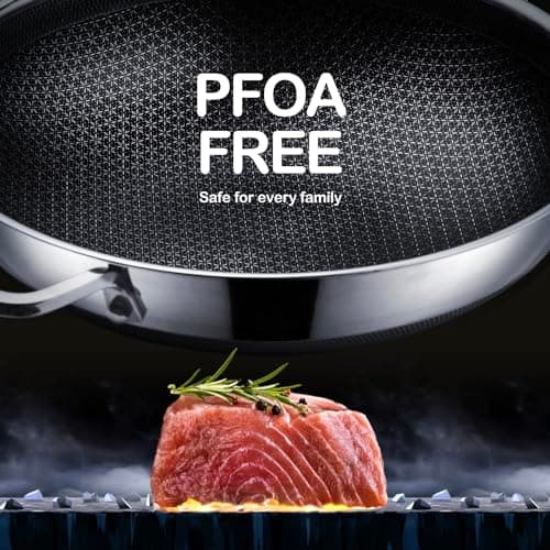 Wok pan,Hybrid 13 inch Wok with Lid, PFOA Free Cookware,non stick Stainless Steel Woks & Stir-fry pans Nonstick, Dishwasher and Oven Safe, Works on Induction