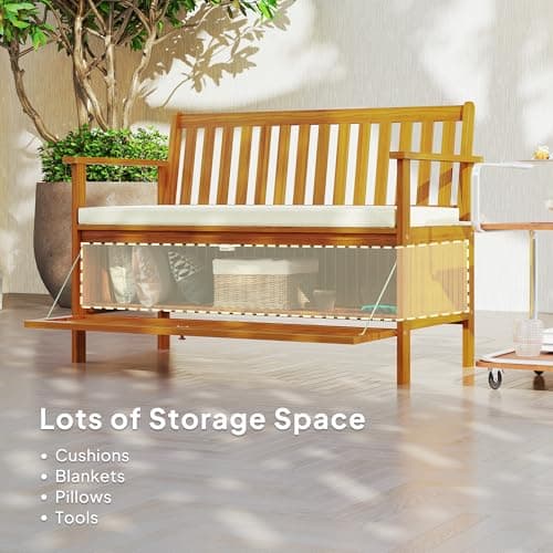 Outsunny Outdoor Bench with Storage Box, 28 Gallon Outdoor Storage Bench, Acacia Wood Garden Seat with Cushion, 2 Seater Patio Furniture for Park, Balcony, Teak