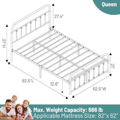 Queen Bed Frame-Classic Metal Platform Bed Frame Mattress Foundation with Victorian Style Iron-Art Headboard/Footboard/Under Bed Storage/No Box Spring Needed/Black