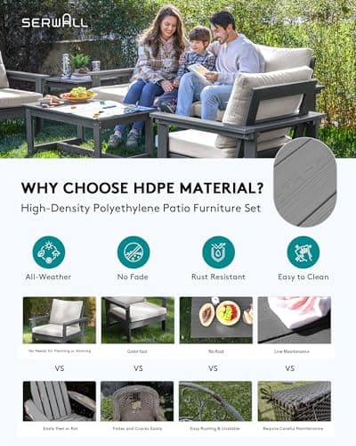 SERWALL HDPE Patio Furniture Set, 7-Piece Outdoor Sectional Sofa Set, All Weather Outdoor Couch Set for Deck, Lawn, Grey Frame with Khaki Cushion