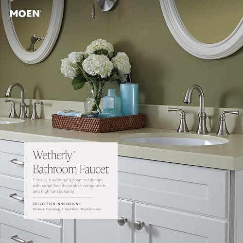 Moen Wetherly Spot Resist Brushed Nickel Two-Handle Widespread Bathroom Faucet with Valve Included, Bathroom Faucets for Sink 3-hole Deck Mounted Setup, WS84855SRN