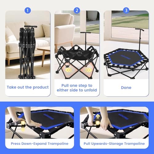 Foldable Mini Trampoline, Rebounder Trampoline with Adjustable Foam Handle, Fitness Trampoline for Indoor, Outdoor, Home Gym, Max Load 460lbs