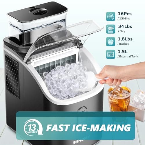 EUHOMY Ice Cube Maker Machine Countertop with External Water Tank, 34Lbs, 16Pcs Ready in 13 Mins, 2 Ways to Add Water, Auto-Cleaning, with Ice Scoop & Basket, for Home/Kitchen/Office/Bar (Black)