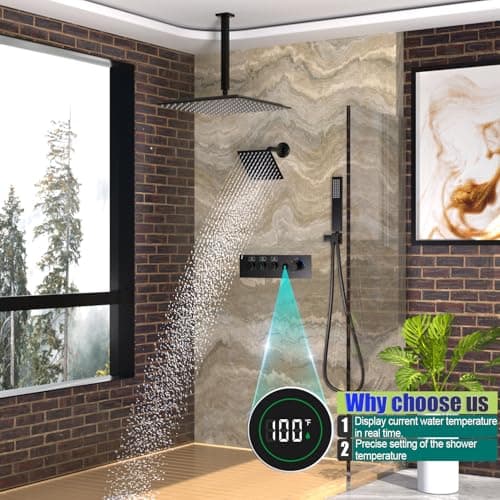 Enga Temperature Display Shower System with Dual Shower Heads, 16" + 6" Dual Rain Shower System, Push-button Valve Thermostatic Shower Faucet Set, Can All Run Together & Flow Adjustable, Matte Black