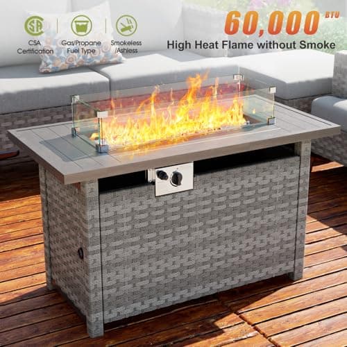 Fire Pit Table with Wind Guard for Outdoor, Auto-Ignition Propane Gas Firepits Rattan Rectangular Table for Outside Patio 60,000 BTU, Gray