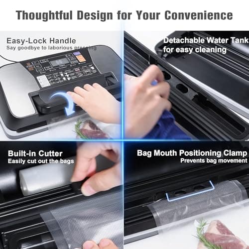 230 Watts Vacuum Sealer for Food, Commercial Vacuum Sealer Machine with Double Heat Seal, Easy Lock Handle, 12 Functions, Bags Storage,Build-in Cutter, 1 Roll and 10 Pre-cut Bags, Progress Display