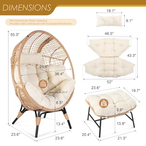 NICESOUL Wicker Egg Chair with Ottoman, Indoor Outdoor Egg Basket Lounge Chair w/Cushion, Oversized Egg Seat with Legs 440 Lbs, Comfy Cozy Boho Style Nest Chair w/Footrest for Patio, Balcony, Beige