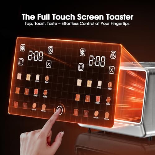 4 Slice Toaster– Dual Digital Smart TouchScreen & Independent Control Panel | Single-Slot Tech, Timer/Reheat/Defrost for Bagels, Bread | 1800W Stainless Steel, 6 Toast Types & Shade Settings