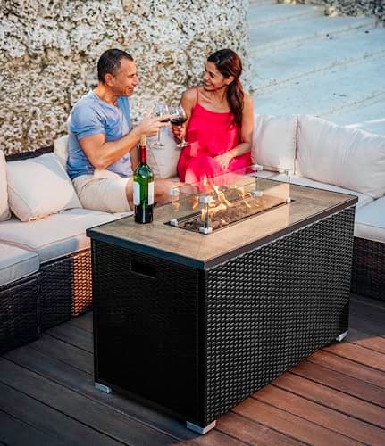 Nestl 43 Inch Fire Pit for Outdoor - 50,000 BTU Outdoor Propane Fire Pit Table with Lid, Rain Cover & Lava Rocks - Patio Fire Pit Table with Tempered Glass for Backyard Gatherings - Black