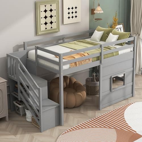 SOFTSEA Low Loft Bed with Stairs, Twin Size Loft Bed with Storage Staircase and Window, Kids Low Loft Bed Frame with Playhouse for Teens Juniors, No Box Spring Needed, Grey