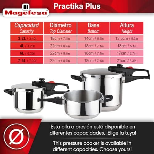 Magefesa Practika Plus, 8-Quart Pressure Cooker, 18/10 stainless steel, Induction Compatible, 5-Layer Heat Diffuser Bottom, 5 Safety Systems, Even Heat Distribution