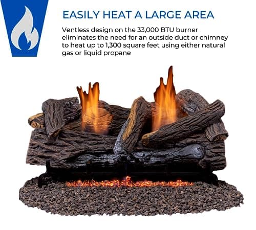 Duluth Forge DLS-24T-2 Dual Fuel Ventless Fireplace Logs Set with Thermostat, Use with Natural Gas or Liquid Propane, 33000 BTU, Heats up to 1100 Sq. Ft, Stacked Red Oak, 24 Inches