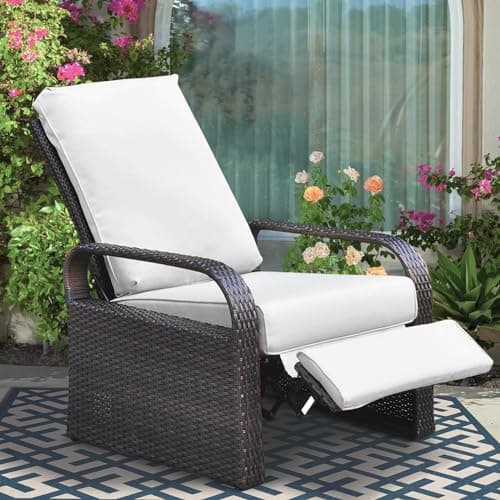 Skypatio Outdoor Recliner Chair, Adjustable All-Weather Wicker Oversized Patio Reclining Chair, Aluminum Patio Rattan Armchair with Thick Cushion for Porch, Balcony, Indoor