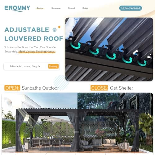 EROMMY Louvered Pergola 12' x 24' Outdoor Hard Top Pergola with Aluminum Frame and Adjustable Metal Rainproof Roof for Garden & Patio, Curtains and Netting Included, Gray-Black