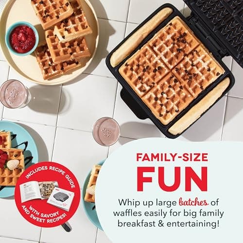 DASH No-Drip Waffle Maker - Four Waffle Molds, Nonstick Waffle Iron with Quick Heat-Up, Nonstick Surface - Perfect Waffle Maker for Kids and Families, Just Add Batter