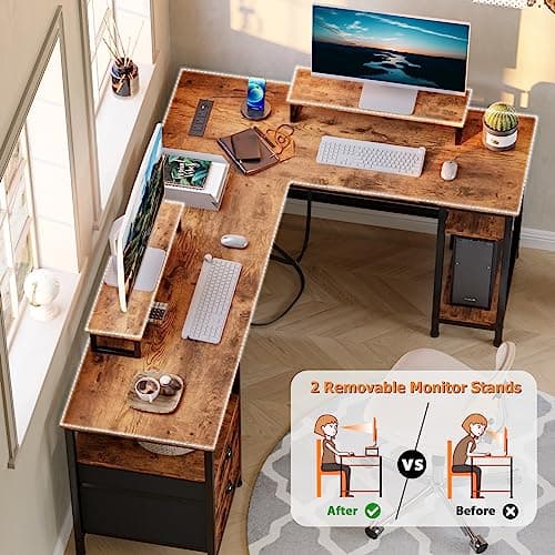 Furologee 66” L Shaped Desk with Power Outlet, Reversible Computer Gaming Desk with File Drawer & 2 Monitor Stands for Home Office with Storage Shelves, Rustic Brown