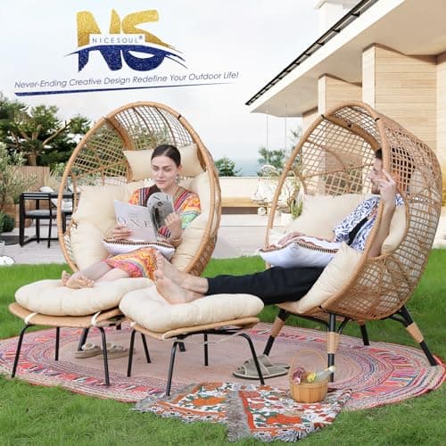 NICESOUL Wicker Egg Chair with Ottoman, Indoor Outdoor Egg Basket Lounge Chair w/Cushion, Oversized Egg Seat with Legs 440 Lbs, Comfy Cozy Boho Style Nest Chair w/Footrest for Patio, Balcony, Beige