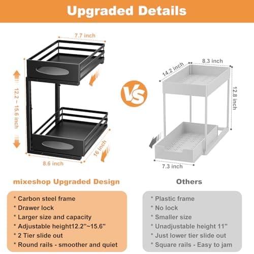 Under Sink Organizer, Pull Out Cabinet Organizers, Slide Sink Steel Shelf Cabinet Storage Shelves, Under Sink Storage for Kitchen Bathroom Cabinet (Black, 2 Pack)