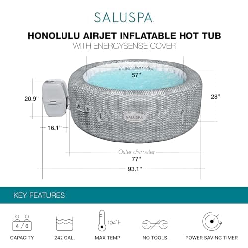 Bestway SaluSpa Honolulu AirJet Large Round 4 to 6 Person Inflatable Hot Tub Portable Outdoor Spa with 140 AirJets and EnergySense Cover, Grey
