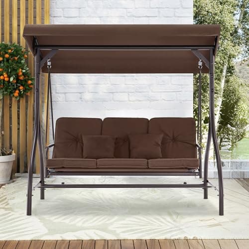 MCombo 3-Seat Outdoor Patio Swing Chair, 2-in-1 Convertible Porch Swing Glider Chair with Removable Cushions, Adjustable Canopy & Pillows for Backyard, Deck, Garden, 4068 (Brown)
