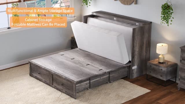 Murphy Bed Queen Size Cabinet Bed with Charging Station, Large Storage Drawer for Home Office or Small Room, Hideaway Bed Full Foldable Platform Bed, Rustic Grey