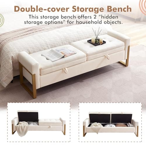 67" Storage Bench for Bedroom, King Size End of Bed Bench with Double Lids, Upholstered Storage Ottoman Bench with Golden Metal Legs, Bedroom Bench for Entryway, Cream