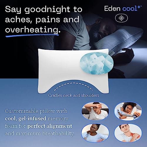 Coop Home Goods Cool+ Crescent Adjustable Pillow, Queen Size Plus Shaped Memory Foam Pillows with Cooling Gel, Neck Support, Back or Side Sleeper Pillow, CertiPUR US/GREENGUARD Gold
