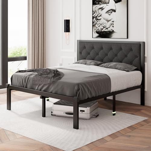 Feonase Full Size Metal Bed Frame, Heavy-Duty Platform Bed Frame with Linen Upholstered Headboard, 12" Storage Space, Steel Slats Support, No Box Spring Needed, Gray