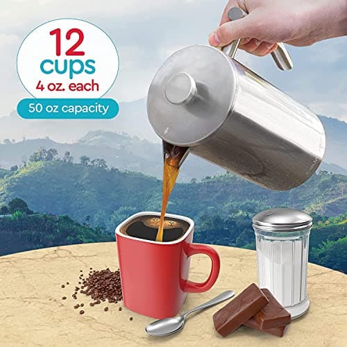 Belwares French Press Coffee Maker 50 Oz – Insulated Coffee Press Stainless Steel 304 Large – Double Wall, & 4 Level Filtration System (1.5 Liter) – Silver
