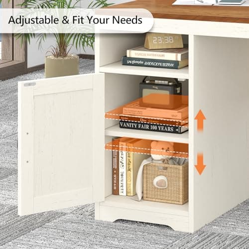 TVU Farmhouse Computer Desk with Drawers, 65'' Home Office Desk with Power Outlets, Storage Cabinet and Printer Stand, Study Writing Desks with Long Monitor Stand, White