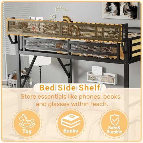 Full Size Loft Bed with Stairs and Storage, Metal Loft Bed Frame with Bedside Shelf and Large Under-Bed Space, Heavy-Duty Bed for Adults Teens and Kids, Black