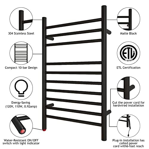 HEATGENE Towel Warmer, Compact Electric Towel Warmer for Small Bathroom, Wall-Mounted Electric Towel Racks, Plug-in/Hardwired Electric Towel Rails - Matte Black