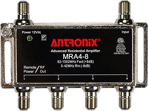 Reliable Cable 4-Port Cable TV/Antenna/HDTV/Internet Digital Signal Amplifier/Booster/Splitter with Passive Return, Black Coax Power Cable, F59 Terminators (Antronix MRA4-8)
