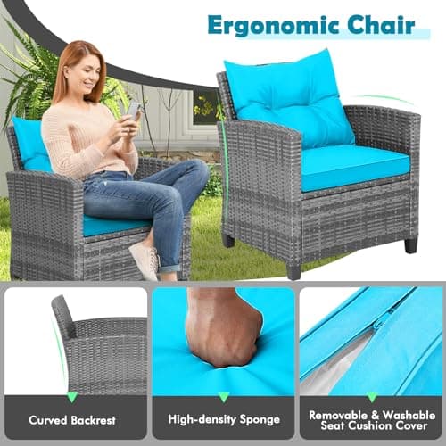 Tangkula 3 Pieces Patio Furniture Set, Outdoor PE Rattan Conversation Chair Set with Tempered Glass Side Table and Removable Cushions, PE Wicker Chairs and Table Set for Porch, Balcony and Garden