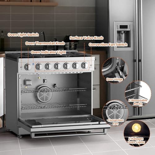 36 Inch Freestanding Dual Fuel Range Oven Stove, 6.0 Cu. Ft True Convection and Self Clean, Cooktop 6 Sealed Gas Burners, Stainless Steel