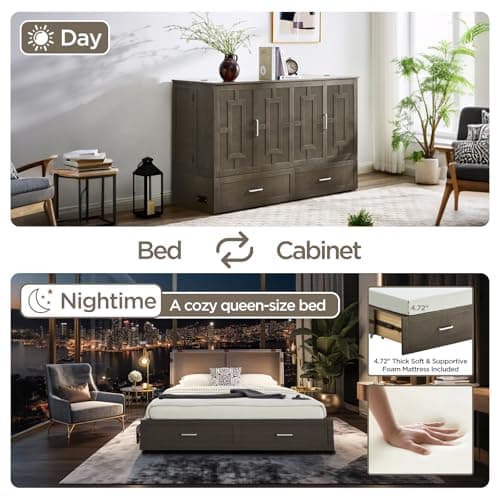 Murphy Bed Cabinet with Mattress, Queen Size Wall Beds with Large Storage Drawer and Charging Station, Hideaway Murphy Bed Chest for Home Office or Small Room (Gray)