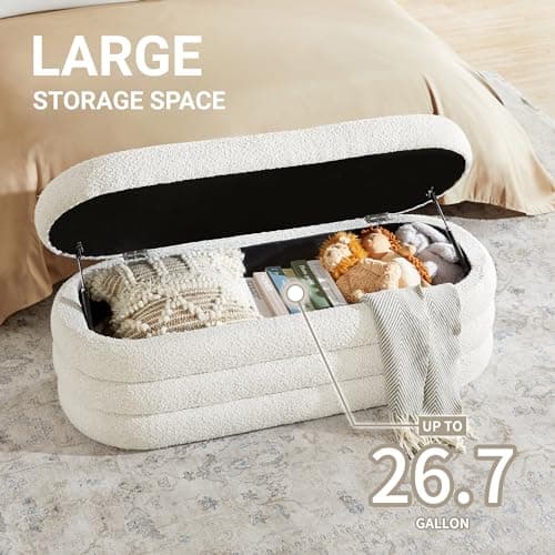 Storage Ottoman Bench 49.2 Inch Upholstered Fabric Storage Bench for Bedroom End of Bed Aesthetic Large Oval Storage Ottoman for Living Room Entryway (Ivory)