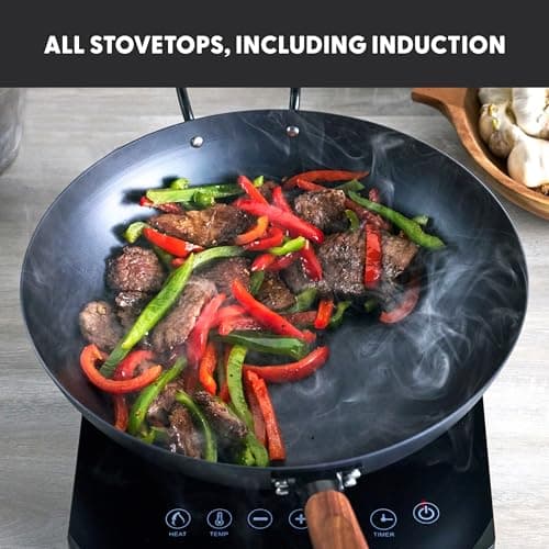 GreenPan Carbon Steel Wok 14”, Flat Bottom, Durable Stir-Fry Pan, Pre-Seasoned Nonstick Patina, High Heat Retention, Induction, Ash Wood Handle, Kyoto, Black