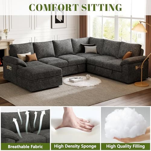 108 Inch Sectional Sleeper Sofa with Pull Out Bed,U Shaped 7 Seat Modular Sectional Sofa with Storage,Sectional Couches for Living Room,Cloud Modular Couch,Removable Sofa Cover,Dark Grey