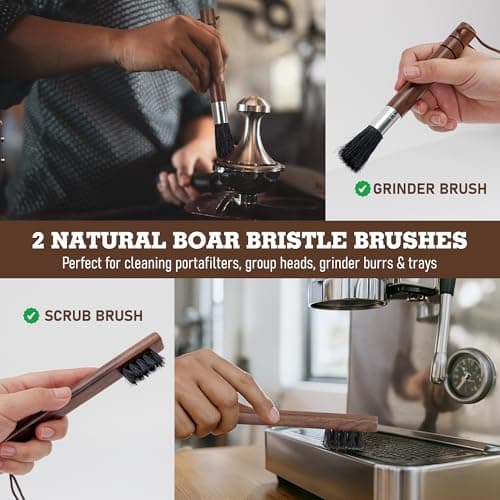 Takavu Coffee Grinder Cleaning Kit – 5pcs Boar Bristle Grinder Brush, Detail Scrub Brush, Steam Wand Brushes & Microfiber Towel for Espresso Machine Coffee Maker Pour Over