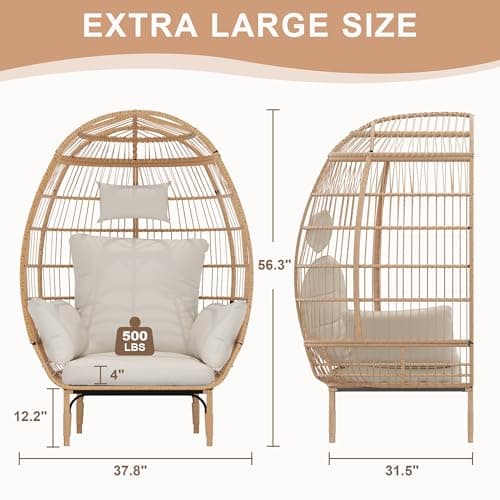 Paito Egg Chair Oversized Lounger, Wicker Egg Rattan Chair Outdoor Indoor, 500 Lbs Egg Shape Balcony Chair for Living Room, Balcony, Backyard