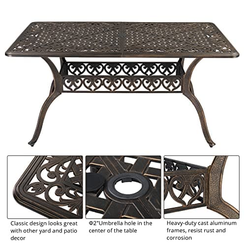VINGLI 7-Piece Outdoor Dining Set, Cast Aluminum Patio Furniture Set for 6 with Umbrella Hole, Rectangular Outdoor Dining Table & 6 Stackable Chairs, All-Weather Garden/Poolside Dining Set Bronze