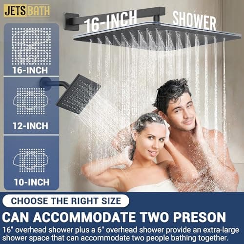 16" Thermostatic Dual Rainfall Head Shower System with Handheld & Valve, 16-Inch Shower Faucet Set with 6-Inch Shower Head, JetsBath Matte Black Full Body Shower System for Couples/2-Person