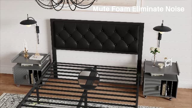 Feonase Full Size Metal Bed Frame, Heavy-Duty Platform Bed Frame with Linen Upholstered Headboard, 12" Storage Space, Steel Slats Support, No Box Spring Needed, Gray