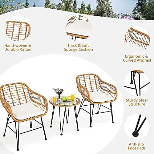 Bistro Table and Chairs Set of 2, Outdoor Patio Rattan Chair & Tempered Glass Coffee Table Set w/Removable Washable Beige Cushion Cafe Set for Indoor Balcony, Poolside, Garden (Pale Brown)