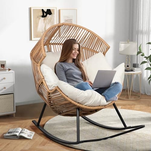 Shintenchi Wicker Egg Chair,Oversized Outdoor Indoor Rocking Chair,Large PE Rattan Rocking Chair with Cushion for Patio, Balcony, Backyard, Garden, Beige